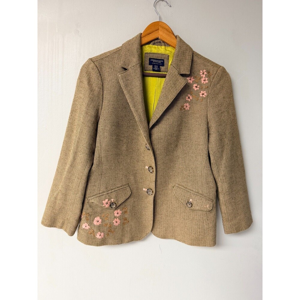 American Eagle Women’s Tweed Blazer Jacket Embroidered Flowers Size M Lined